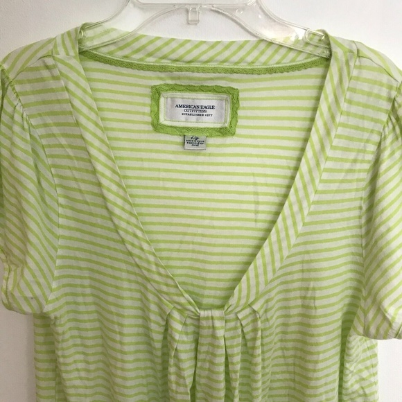 American Eagle Women's Knit Top Lime Green White Stripe Top Large Pull Over - Picture 2 of 11